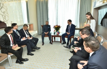 Hon'ble EAM meets the Minister of Foreign Affairs of Venezuela, Mr. Jorge Arreaza, on the sidelines of the NAM Ministerial Meeting in Baku on 24 Oct 2019.