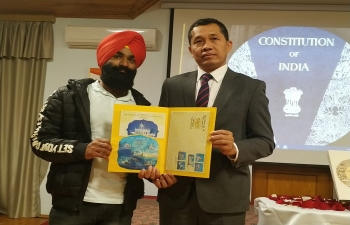 Ambassador released the commemorative stamp on 550th Birth Anniversary of Guru Nanak Devji on the occasion of Constitution Day Celebration at the Embassy of India in Baku.