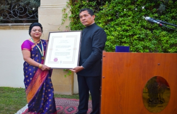 At a function held in Baku on 6 August 2021, Ambassador handed over the Pravasi Bharatiya Samman Award to Dr. Rajani Chandra D'Mello , recipient of PBSA-2021 in the field of Medicine.