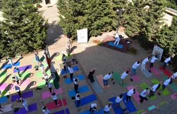 The 8th International Day of Yoga was celebrated in the Embassy of India, Baku in association with the Classical Yoga School, led by Mr Elchin Guliyev, The Art of Living, led by Mr. Kanan Mammadov, and Yoga Shahi Studio, led by Ms. Sabina Shahi at the Embassy premises on 21 June 2022 with participation of approximately 200 yoga enthusiasts. On the same day, the Embassy in cooperation with the Education Ministry of Republic of the Azerbaijan organized a yoga session for schoolchildren at the Embassy premises on the occasion of IDY 2022.
