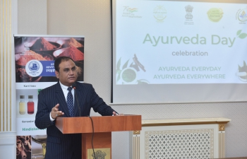 As part of Amrit Mahotsav celebrations, Embassy of India, Baku celebrated the Ayurveda Day 2022 on Friday, October 21, 2022. Ayurveda Day 2022 celebrations in Baku centered on International Year of Millets 2023 IYOM 2023 theme. Cd'A Mr. Vinay Kumar spoke about the benefits of Ayurveda and nutritional benefits of Millets & their role in food, nutrition security. Representatives of government, media organisations, hospitals, Yoga centres, travel industry attended the function.