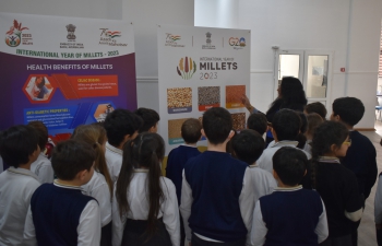 As part of the celebration of 'International Year of Millets-2023', the Embassy has planned to organise a focused one-week millet campaign from 22-28 January 2023. On the second day of the focused campaign, millet dish was served to the students of the British School in Baku on 23.01.2023. About 150 children and teachers tasted the millet dishes and liked it at British School. Children were informed about the benefits of uses of millets and brouchers on millets were also distributed.