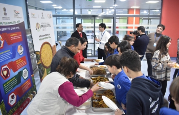 As part of the celebration of 'International Year of Millets-2023', the Embassy has planned to organise a focused one-week millet campaign from 22-28 January 2023. On the fourth day of the focused campaign, millet dish was served to the students of the European Azerbaijan School in Baku on 25.01.2023. About 130 children and teachers tasted the millet dishes and liked. Children were informed about the benefits of uses of millets and brouchers on millets were also distributed. 