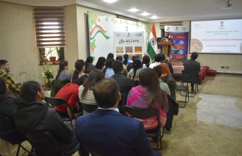 As part of the celebration of the 'International Year of Millets-2023', the Embassy has been organising a focused one-week millet campaign from 22-28 January 2023. On the sixth day of the focused campaign, Mission organized a hybrid session on 27.01.2023 on "Discussion on Millets", where speakers talked about the benefits of millets, how to increase the consumption of millets and its importance for the environment. About 40 people attended the session and witnessed the exhibition on various packaged ready-to-cook and ready-to-eat millet products. The session was followed by tasting of delicious millet cuisines
