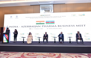 Embassy of India, Baku in association with the Pharmaceutical Export Promotion Council of India (PHARMEXCIL) organized an India-Azerbaijan Business Meet on 16.03.2023 at a local hotel in Baku. A 50-member Indian pharma delegation led by Ms. Lakshmi Prasanna, Director for Regulatory Affairs, PHARMEXCIL visited Azerbaijan and held B2B meetings with Azerbaijani pharma companies to explore the potential for cooperation between the two countries.