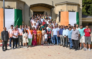 Patriotic fervour at the 77th Independence Day celebrations at Embassy of India, Baku. Ambassador Shri Sridharan Madhusudhanan unfurled the national flag, and read out Hon'ble President's message. Spirited participation by Indian community, and friends of India.